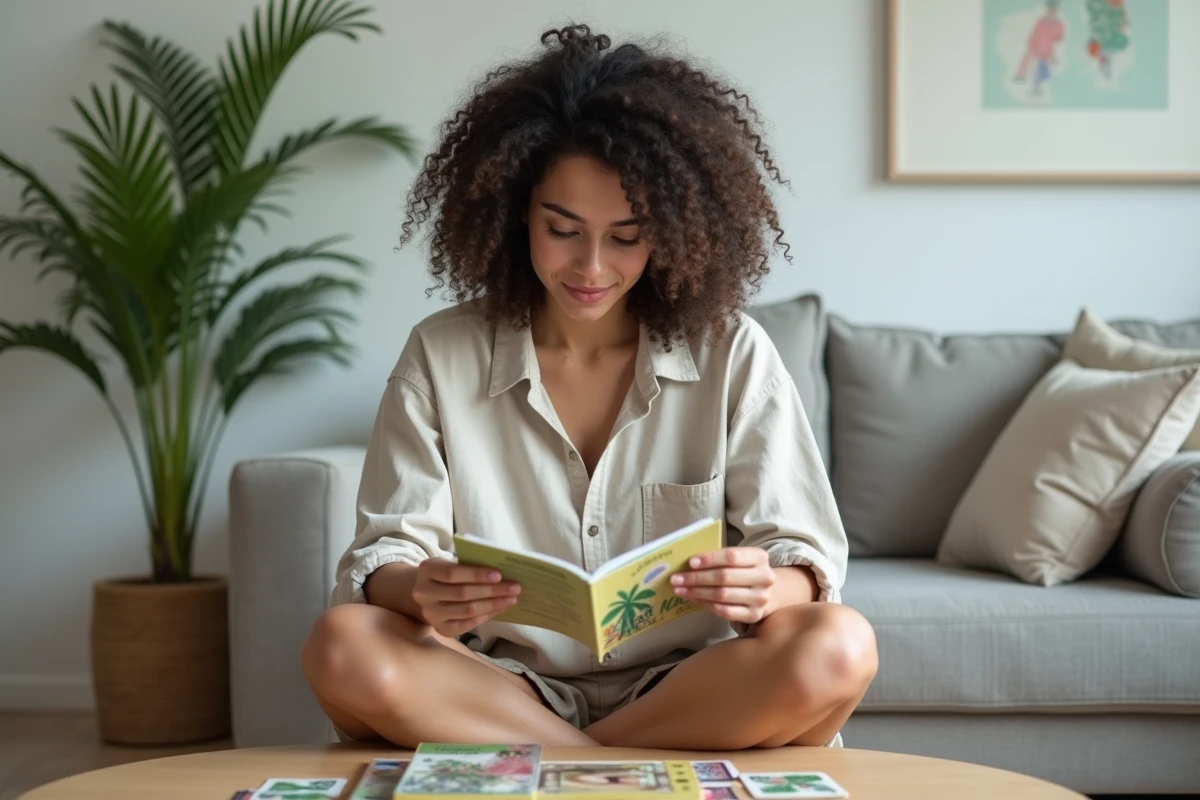 Jeune femme lisant le livret de règles du jeu Palmier posé sur une table basse avec les cartes étalées