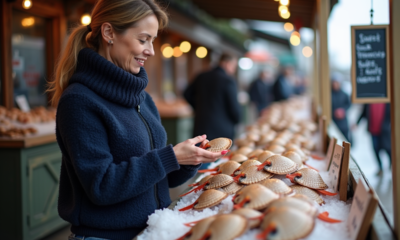 Femme d'âge moyen inspectant des coquilles de scallops au marché
