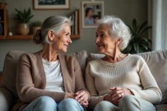 Femme d'âge moyen et sa mère âgée partageant un moment intime