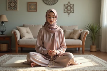 Jeune femme musulmane priant avec un hijab pastel dans un salon