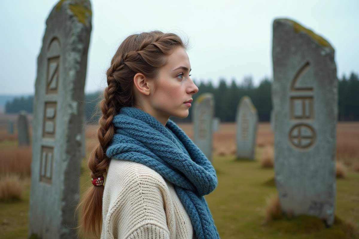 Jeune femme scandinave regarde des runestones dans un champ