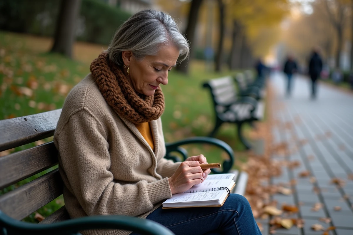 Femme dehors déballant du tabac sur un banc de parc