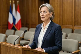 Femme politique française en veste marine à un pupitre dans une salle de conférence officielle, portrait éditorial réaliste