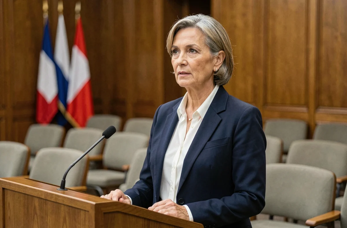 Femme politique française en veste marine à un pupitre dans une salle de conférence officielle, portrait éditorial réaliste