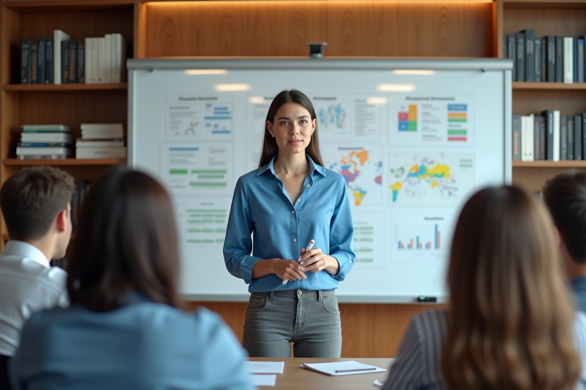 Jeune femme présentant un projet devant un tableau blanc