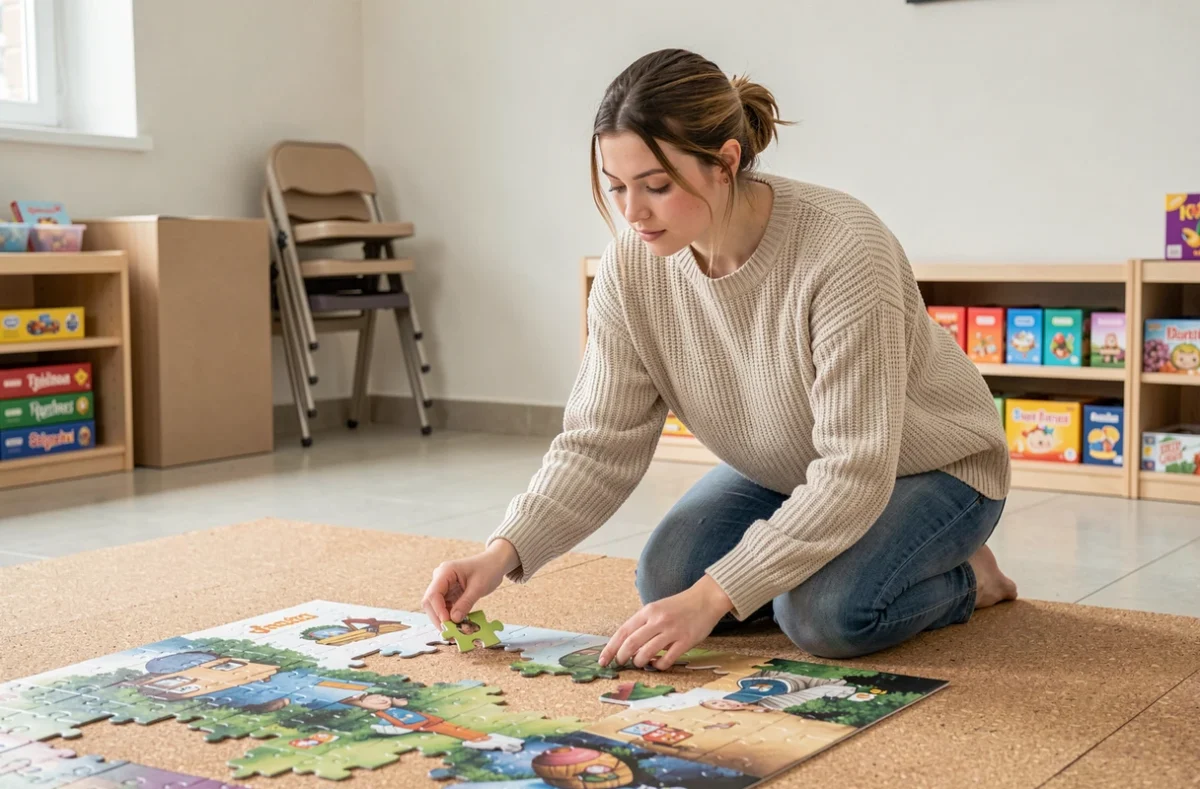 Jeune femme concentrée sur un grand puzzle de sol lors d'une animation en ludothèque communautaire