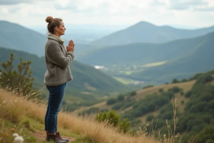 Femme méditant sur une colline en Auvergne