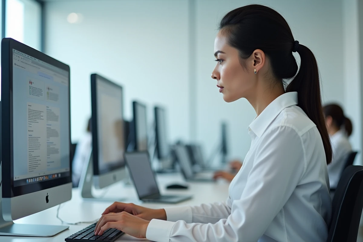 Femme recherchant un site web sur un ordinateur de bureau dans un bureau moderne ouvert