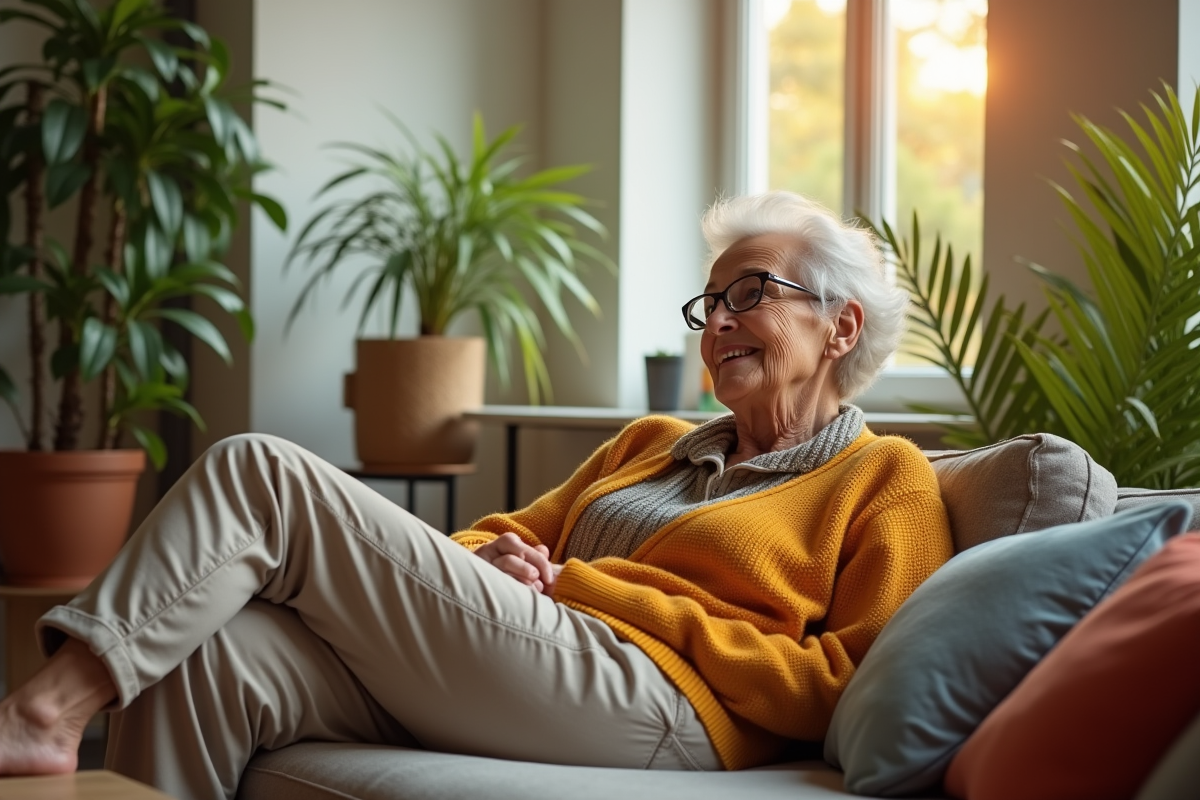 Femme de 60 ans détendue dans un salon cosy et coloré