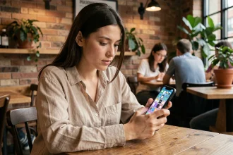 Jeune femme consultant les réseaux sociaux sur son smartphone dans un café urbain, illustrant les usages des tips et expressions anglaises en ligne