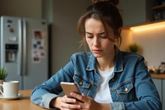 Jeune femme en cuisine utilisant une application de blocage d'appels