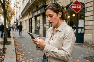 Femme utilisant son smartphone pour localiser un bureau de tabac sur une carte en ligne dans une rue française