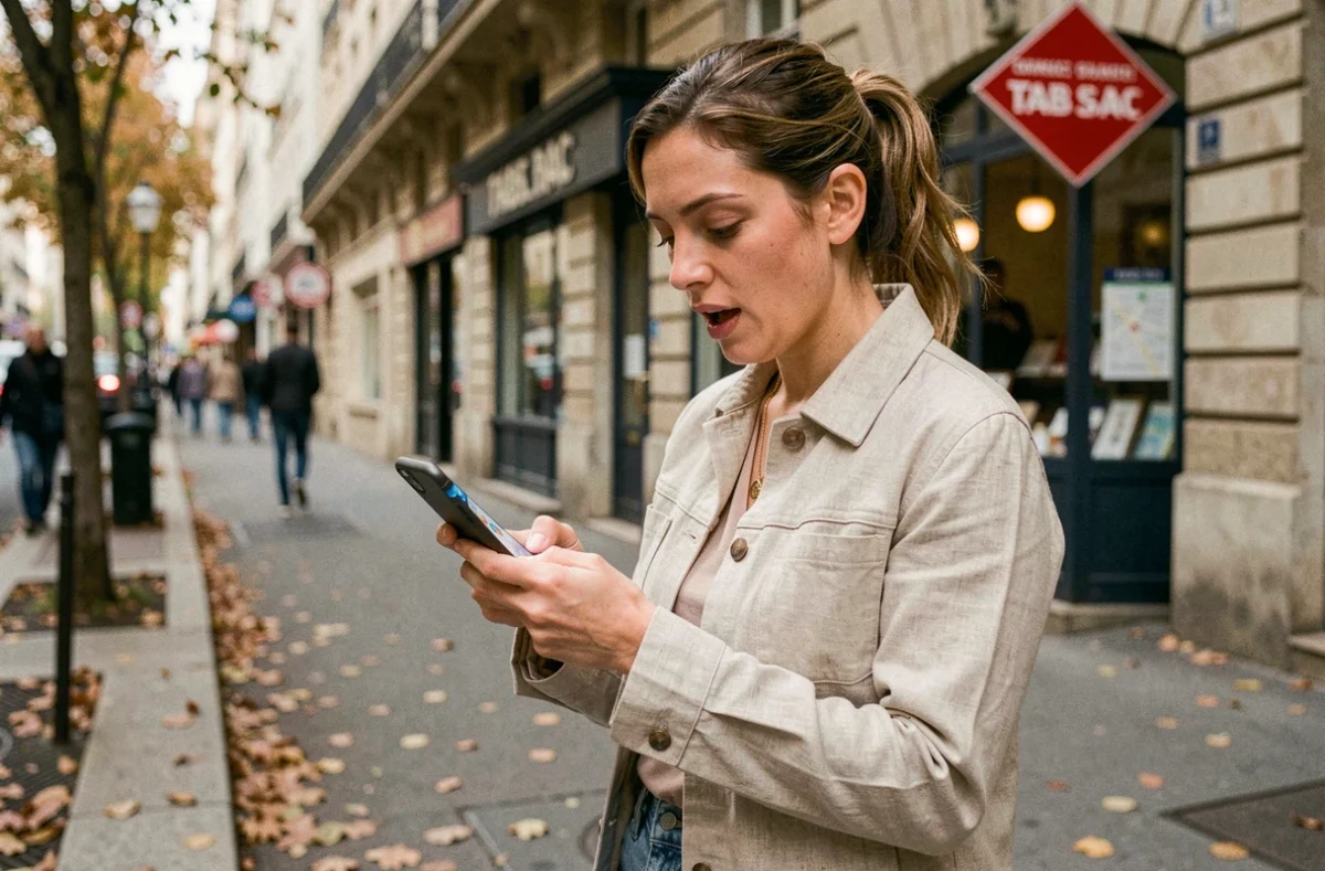 Femme utilisant son smartphone pour localiser un bureau de tabac sur une carte en ligne dans une rue française