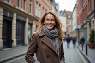 Femme souriante en ville belge avec façades anciennes