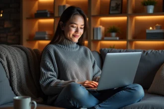 Jeune femme regardant un site de streaming de films sur son ordinateur portable dans un salon moderne et cosy