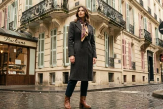 Femme élégante en manteau de laine dans une ruelle pavée du vieux Paris, style faubourg parisien authentique