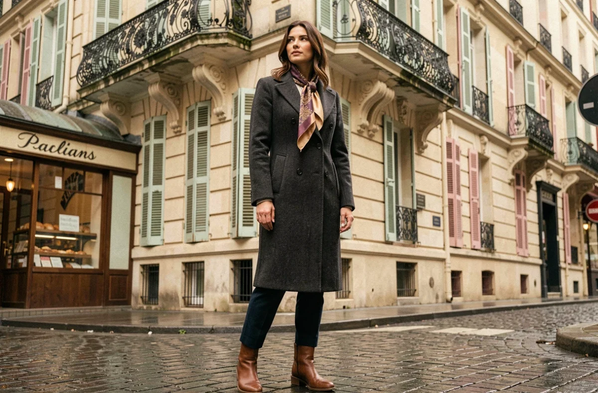 Femme élégante en manteau de laine dans une ruelle pavée du vieux Paris, style faubourg parisien authentique