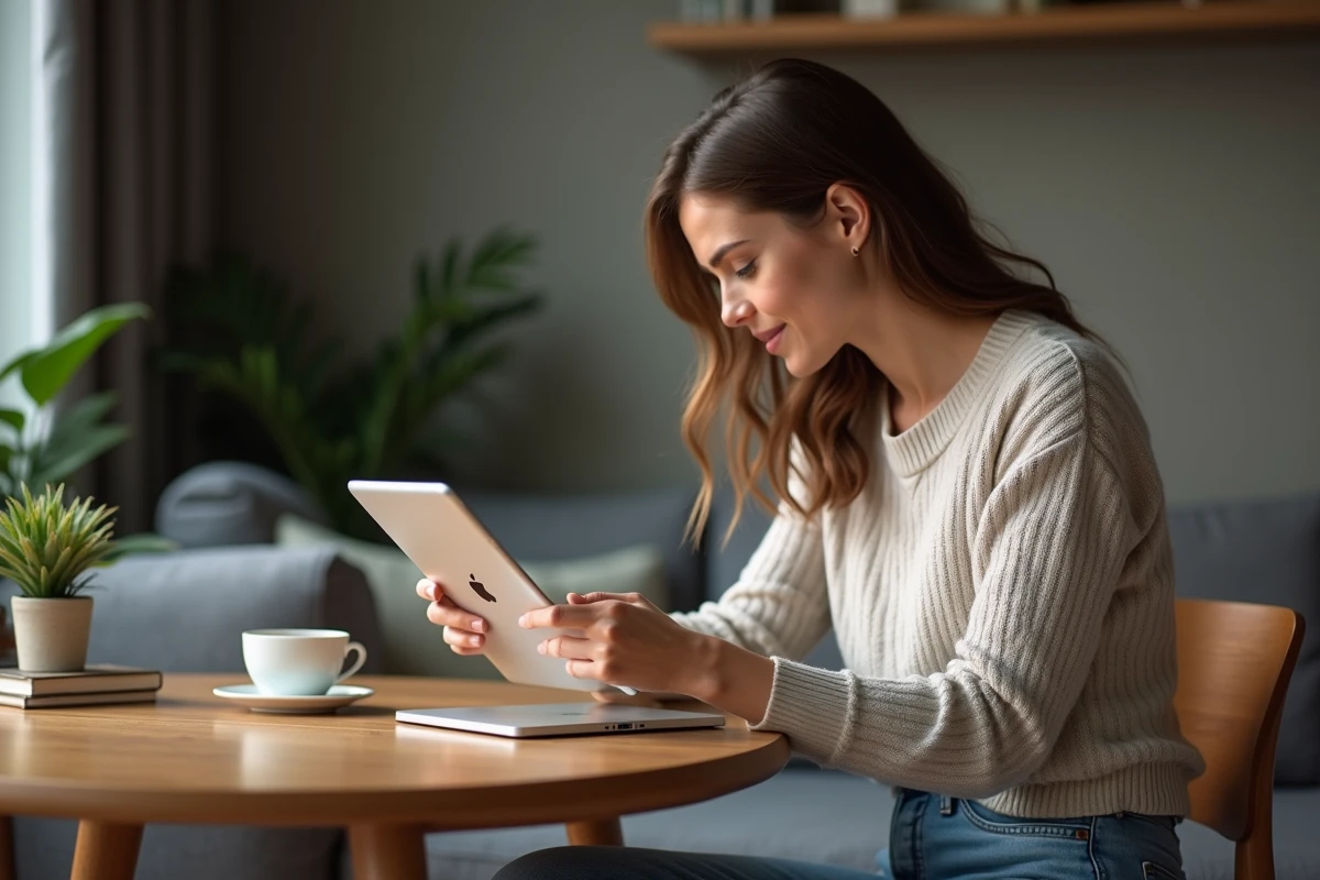 Femme en sweater compare deux tablettes dans un salon