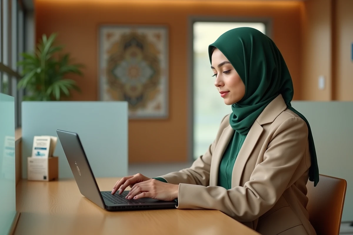 Jeune femme en hijab travaillant sur un ordinateur dans un bureau de mosquée