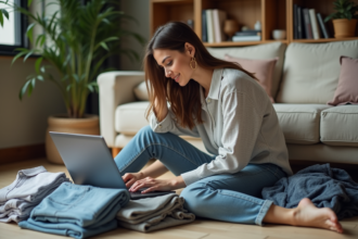 Femme stylée triant des vêtements vintage dans un salon chaleureux