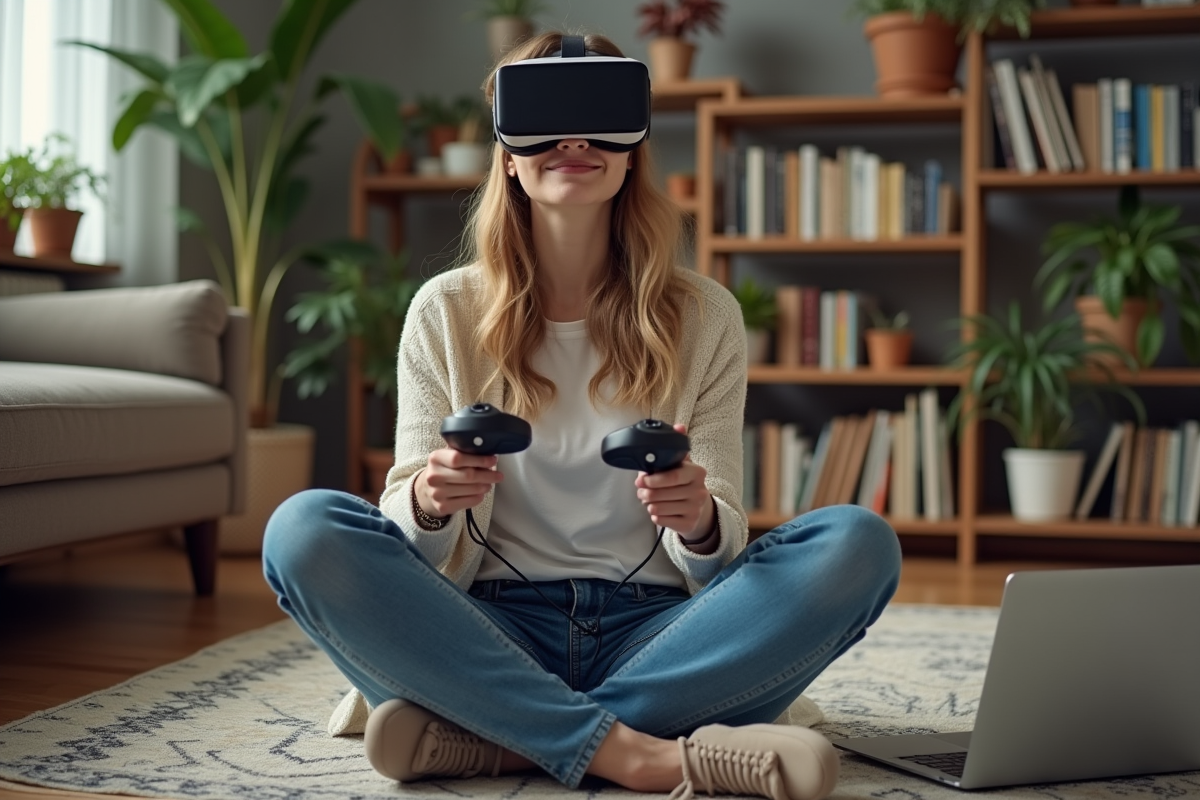 Jeune femme en réalité virtuelle dans un salon cosy