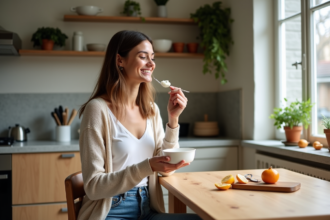 Femme dégustant un yaourt maison dans une cuisine moderne