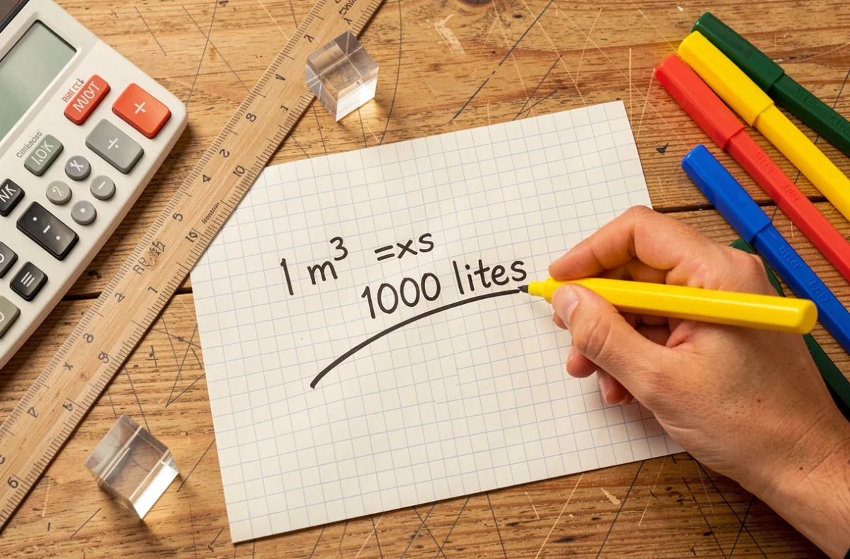 Vue de dessus d'un bureau avec une fiche de conversion litres mètre cube manuscrite entourée de matériel scolaire de mathématiques