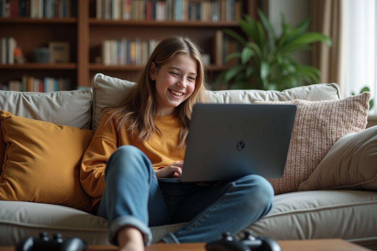 Fille adolescente riant avec son ordinateur portable dans le salon