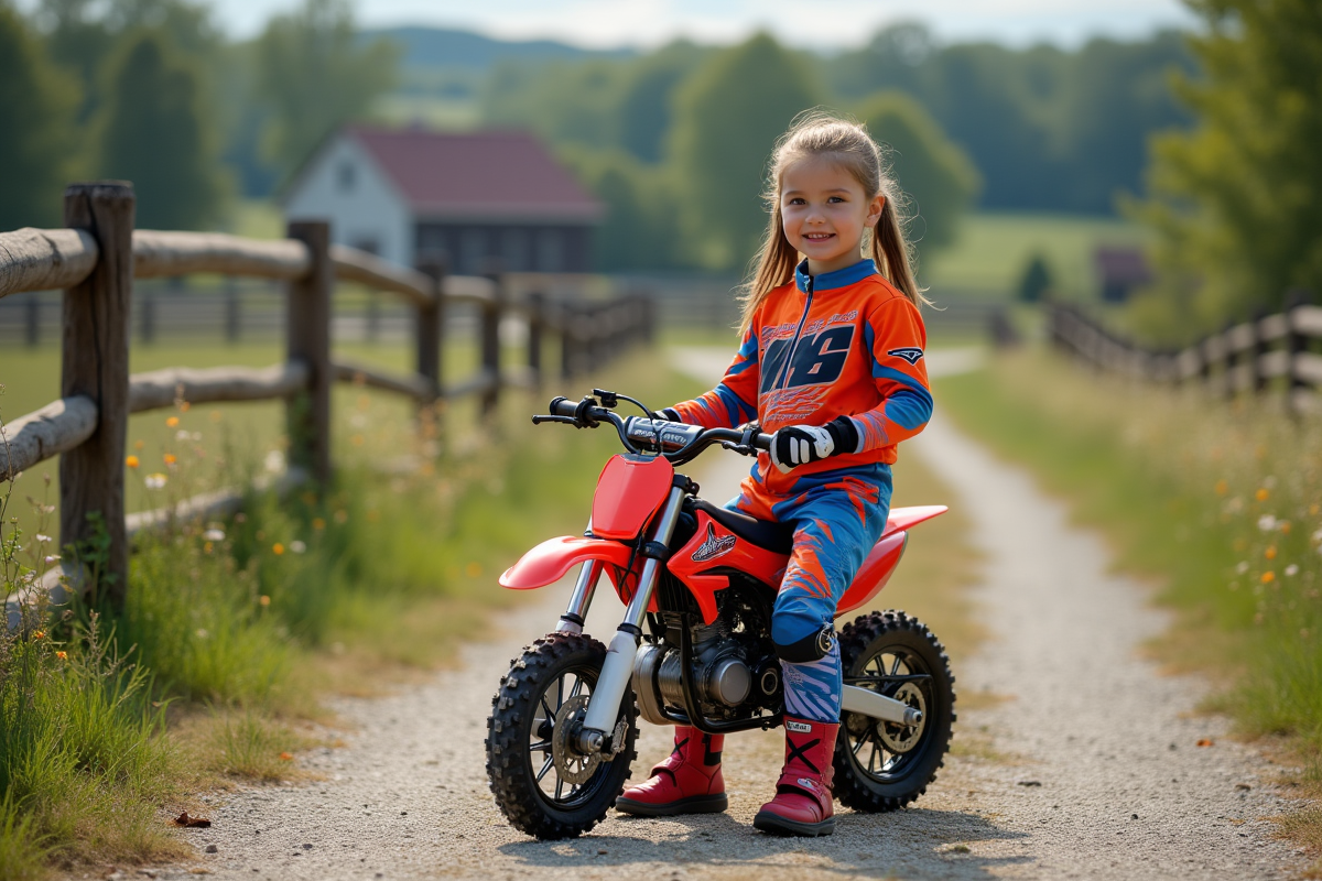 Fille debout à côté de sa moto dans un décor rural