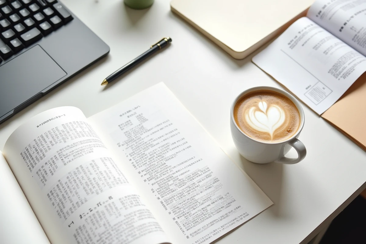 Flat lay éditorial de volumes manga ouverts, clavier et pages de traduction scantrad annotées en français sur un bureau minimaliste
