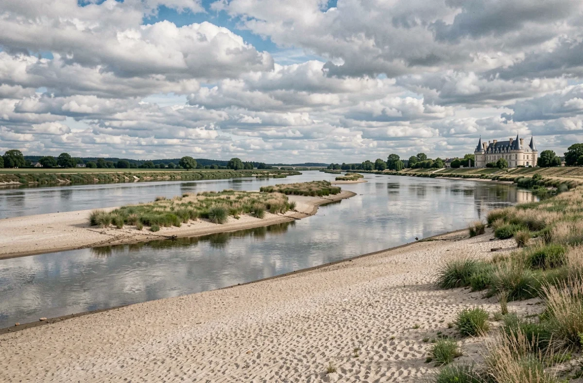 Vue panoramique du fleuve Loire avec ses bancs de sable et un château en arrière-plan