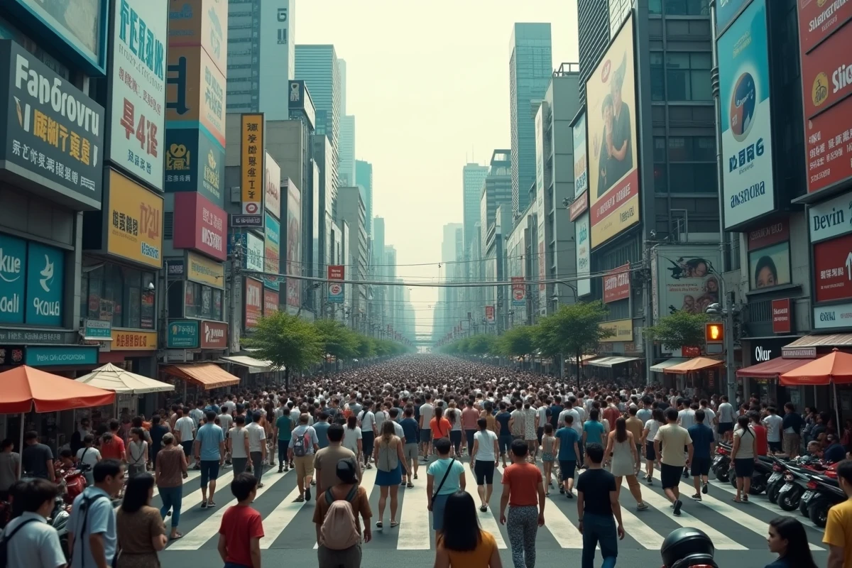 Foule dense traversant un carrefour urbain animé dans une grande métropole asiatique illustrant la densité de population mondiale