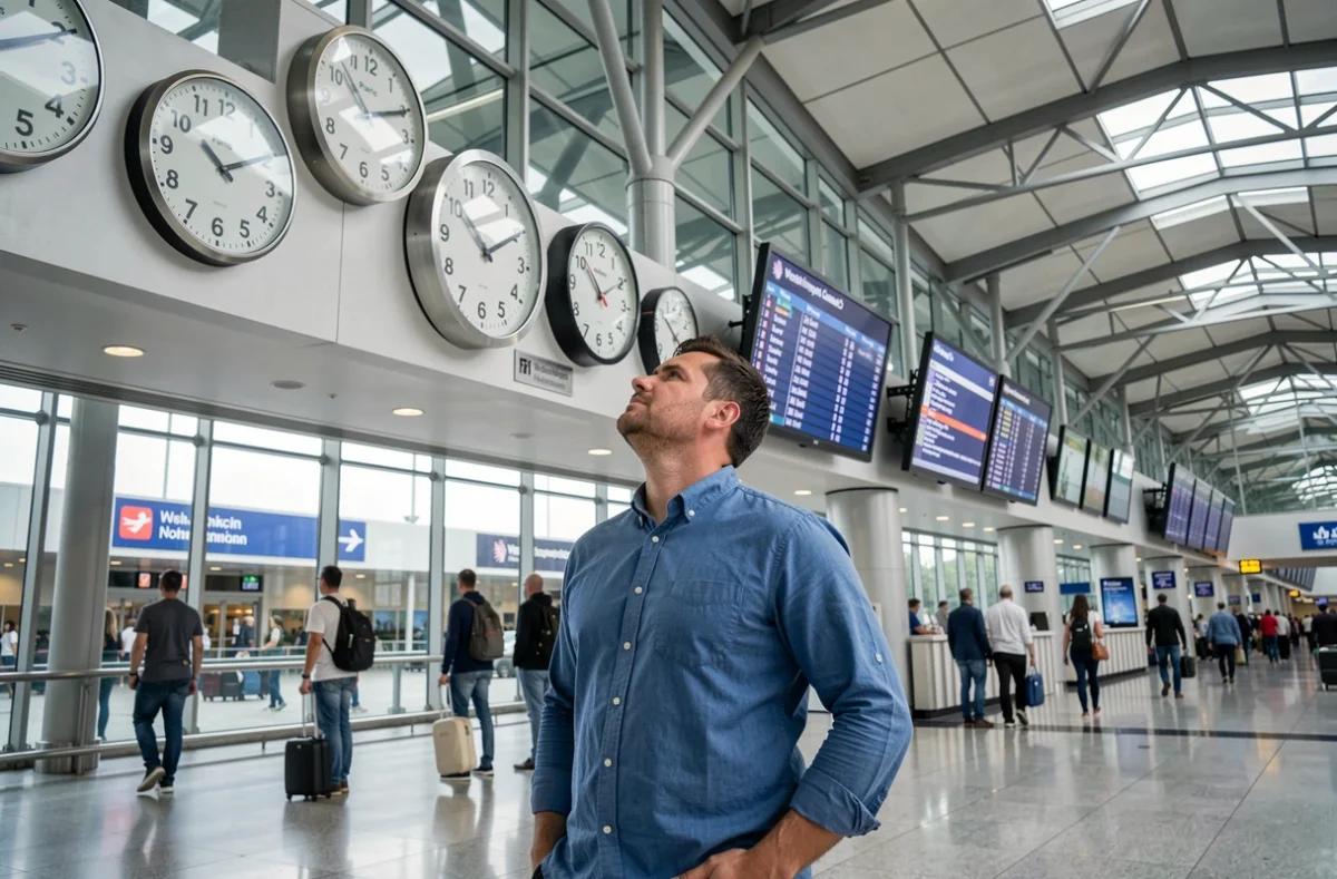 Homme devant un panneau d'horloges mondiales dans un aéroport montrant les fuseaux horaires de Paris et Washington