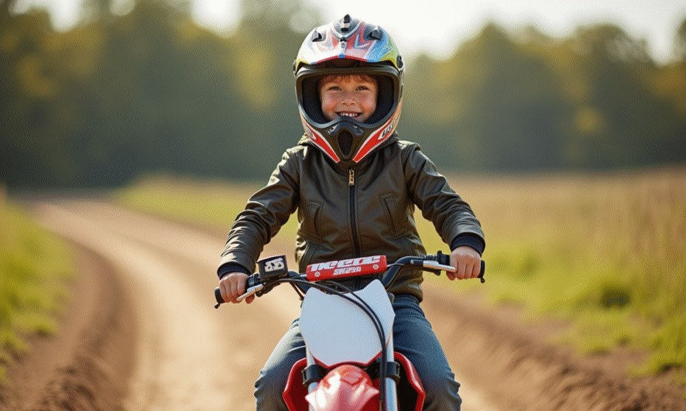 Jeune garçon souriant sur une petite moto tout-terrain
