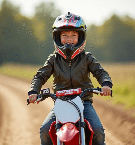 Jeune garçon souriant sur une petite moto tout-terrain