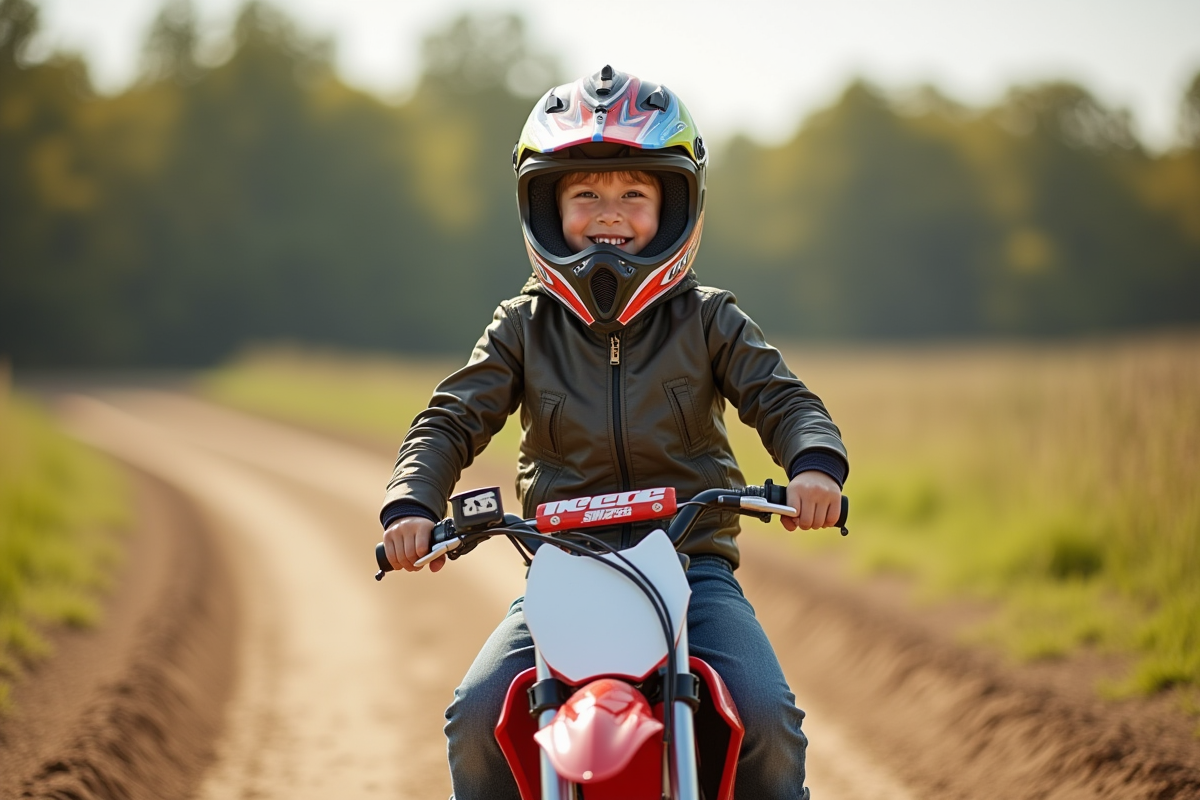 Jeune garçon souriant sur une petite moto tout-terrain