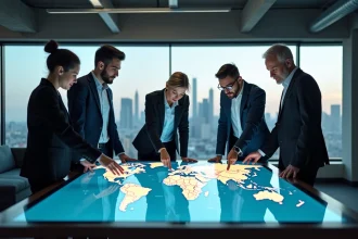 Groupe de géopoliticiens analysant une carte mondiale des populations dans un bureau moderne avec vue sur une ville