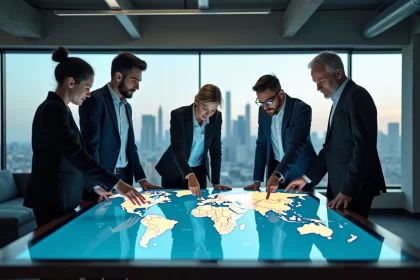 Groupe de géopoliticiens analysant une carte mondiale des populations dans un bureau moderne avec vue sur une ville