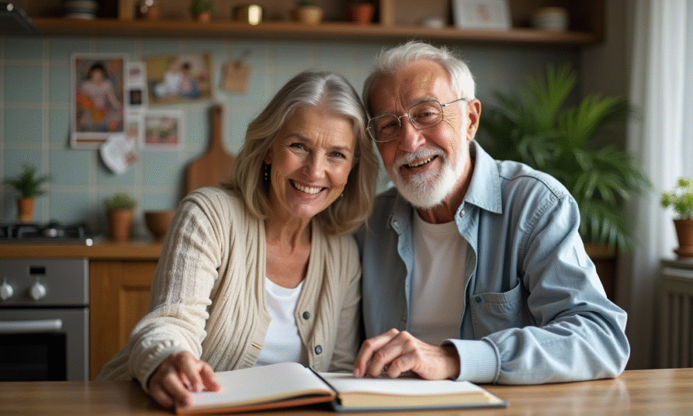 Une femme d'âge moyen et un homme âgé souriants regardant un scrapbook