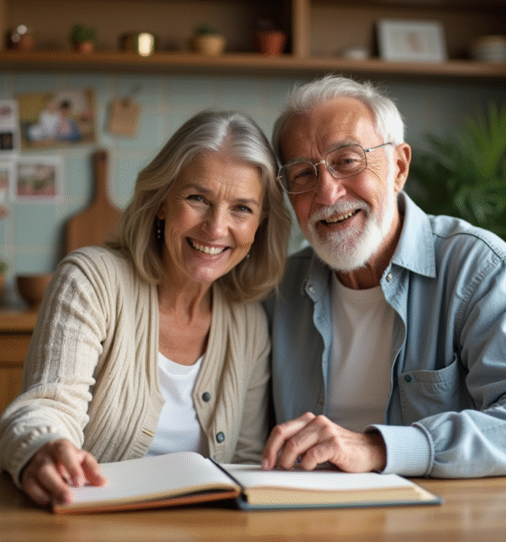 Une femme d'âge moyen et un homme âgé souriants regardant un scrapbook