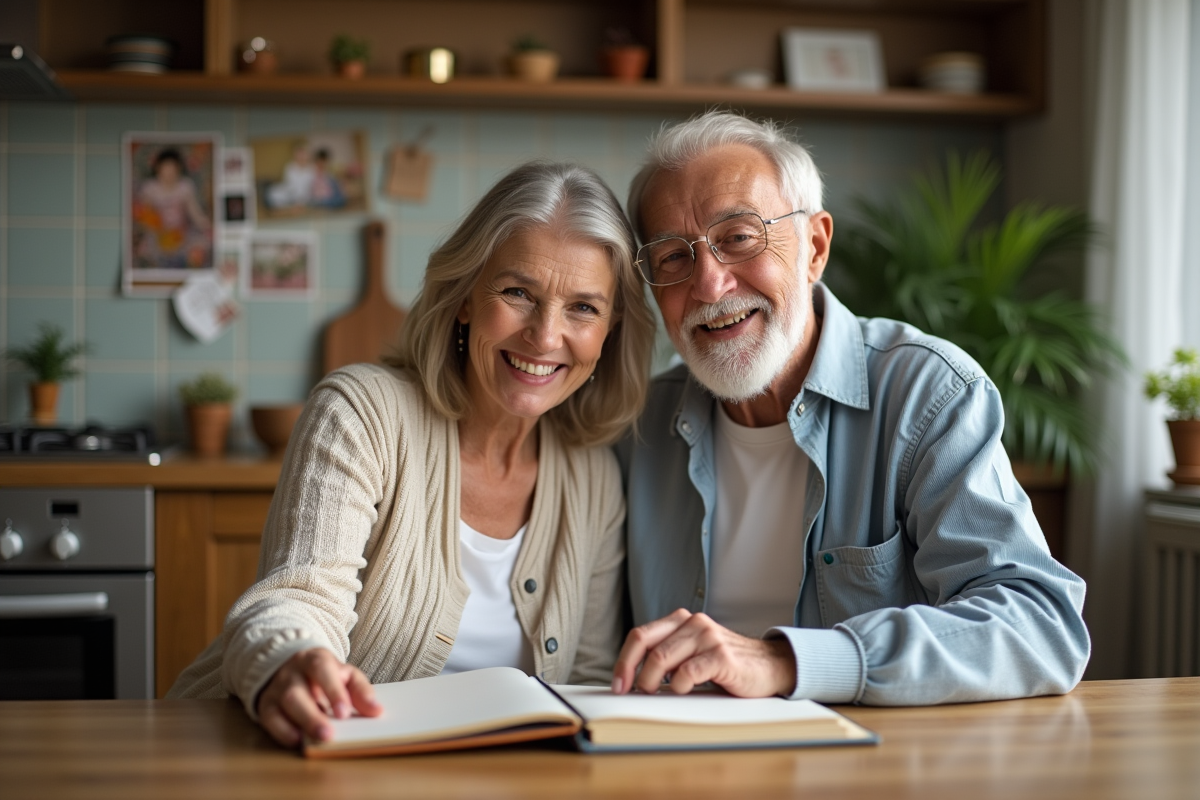 Une femme d'âge moyen et un homme âgé souriants regardant un scrapbook