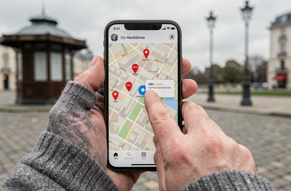 Gros plan d'une main tenant un smartphone affichant des bureaux de tabac à proximité sur une carte interactive
