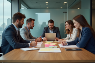 Groupe de quatre adultes en réunion de brainstorming