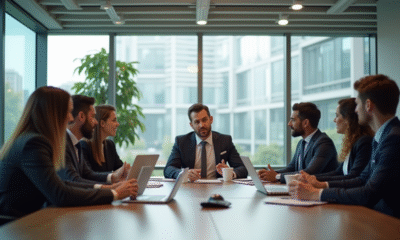 Groupe de collaborateurs en réunion de travail en bureau moderne