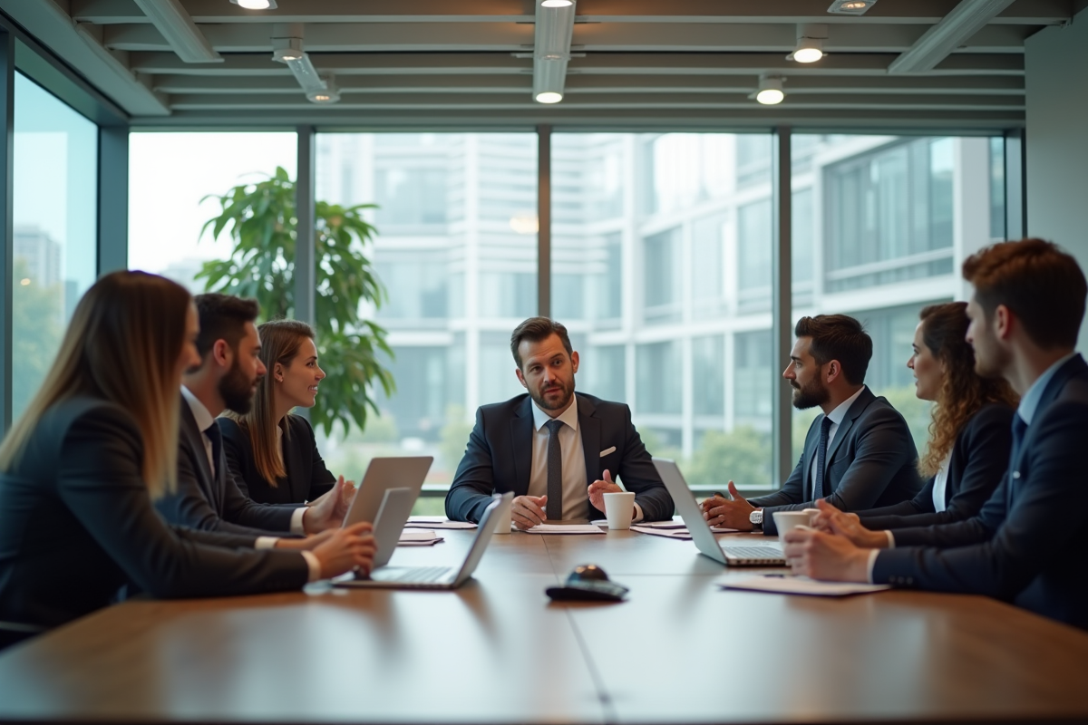 Groupe de collaborateurs en réunion de travail en bureau moderne