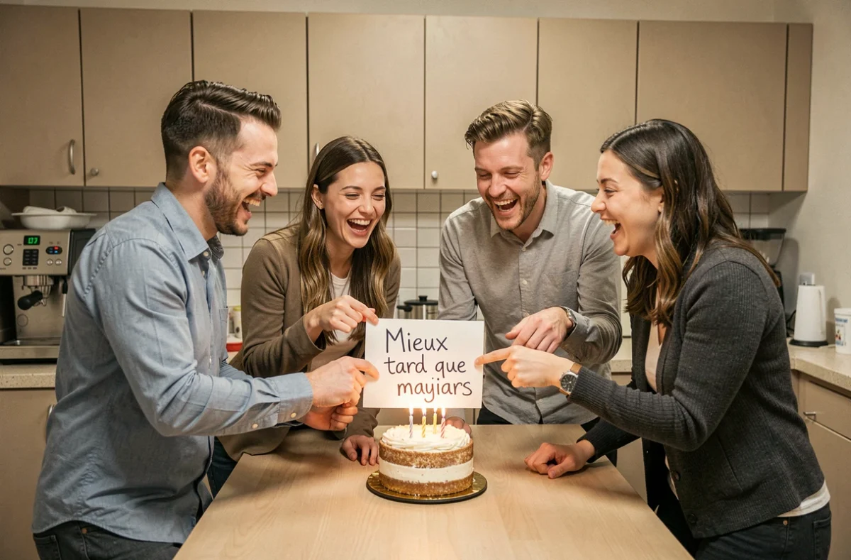 Groupe de collègues célébrant un anniversaire en retard autour d'un gâteau dans la salle de pause