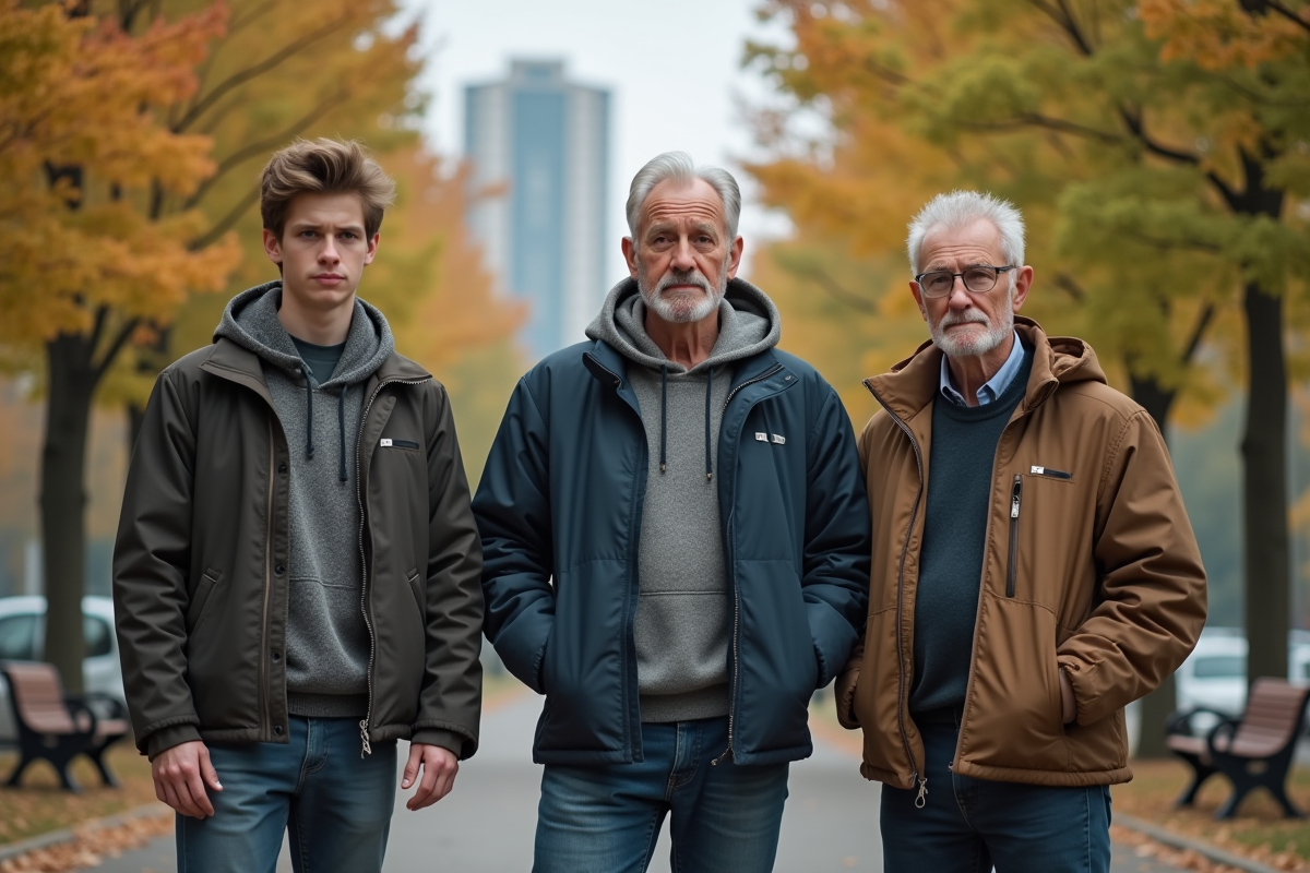 Trois hommes de générations différentes dans un parc urbain