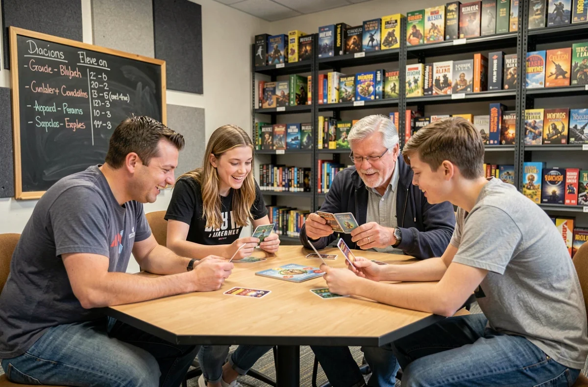Groupe intergénérationnel jouant à un jeu de cartes coopératif autour d'une table dans une salle de ludothèque publique