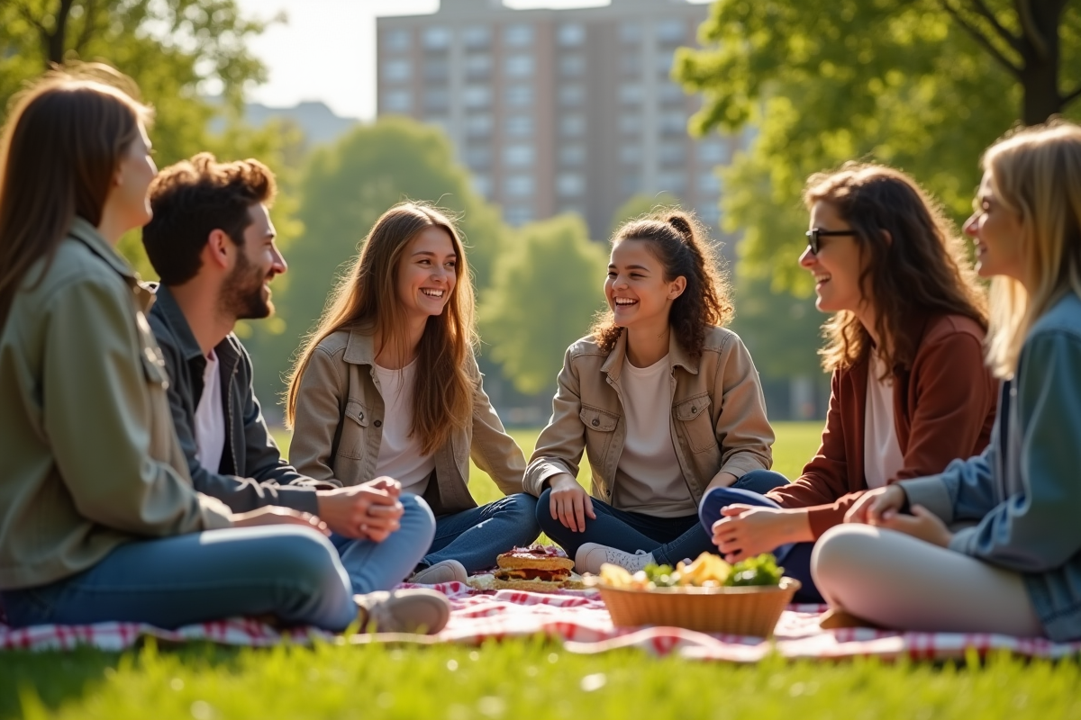 Jeunes adultes riant lors d un pique-nique dans un parc