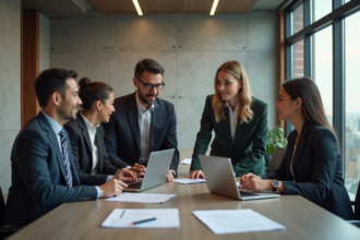 Groupe de professionnels en réunion de travail moderne